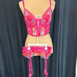 For Love And Lemons Pink Floral Lace Bra Set